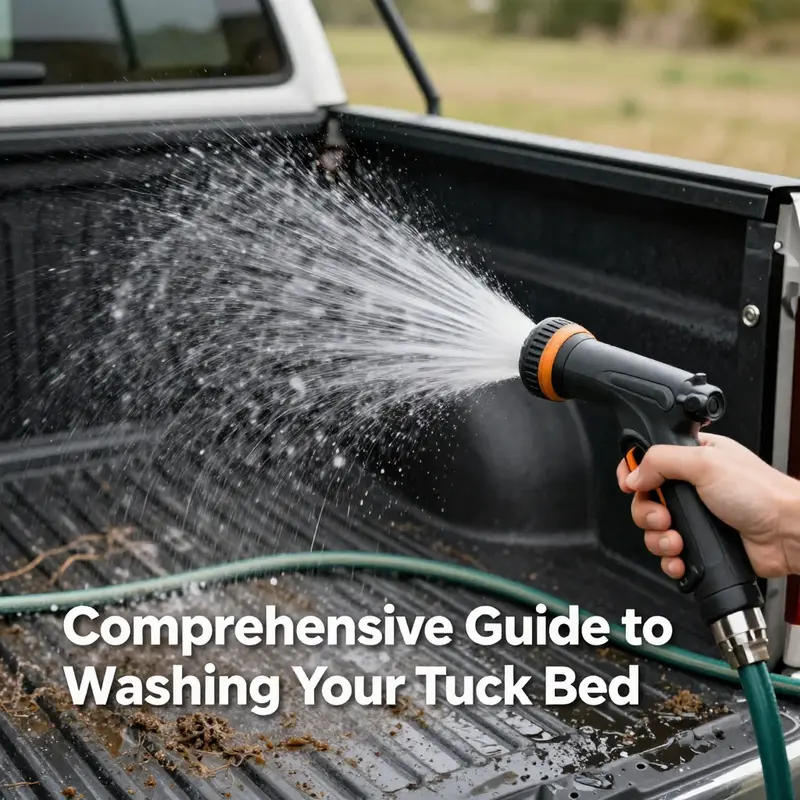 Preparation steps for washing a truck bed including organized tools and protective coverings.