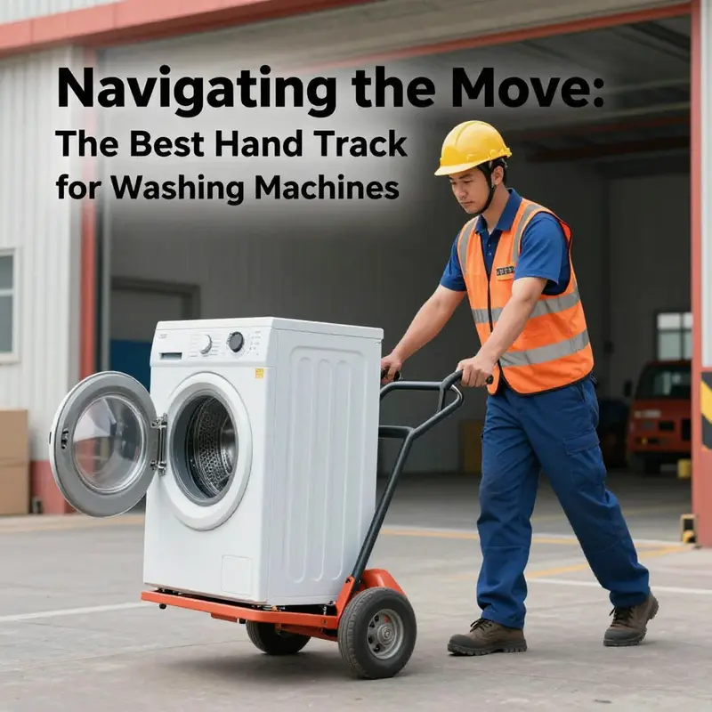 Illustration of a heavy-duty hand truck featuring locking wheels and a reinforced platform for transporting a washing machine safely.