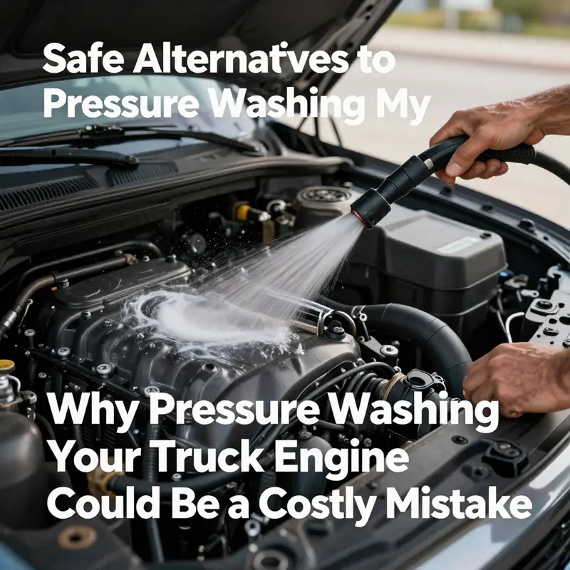 High-pressure water being used on a truck engine, highlighting potential damage to sensitive components.