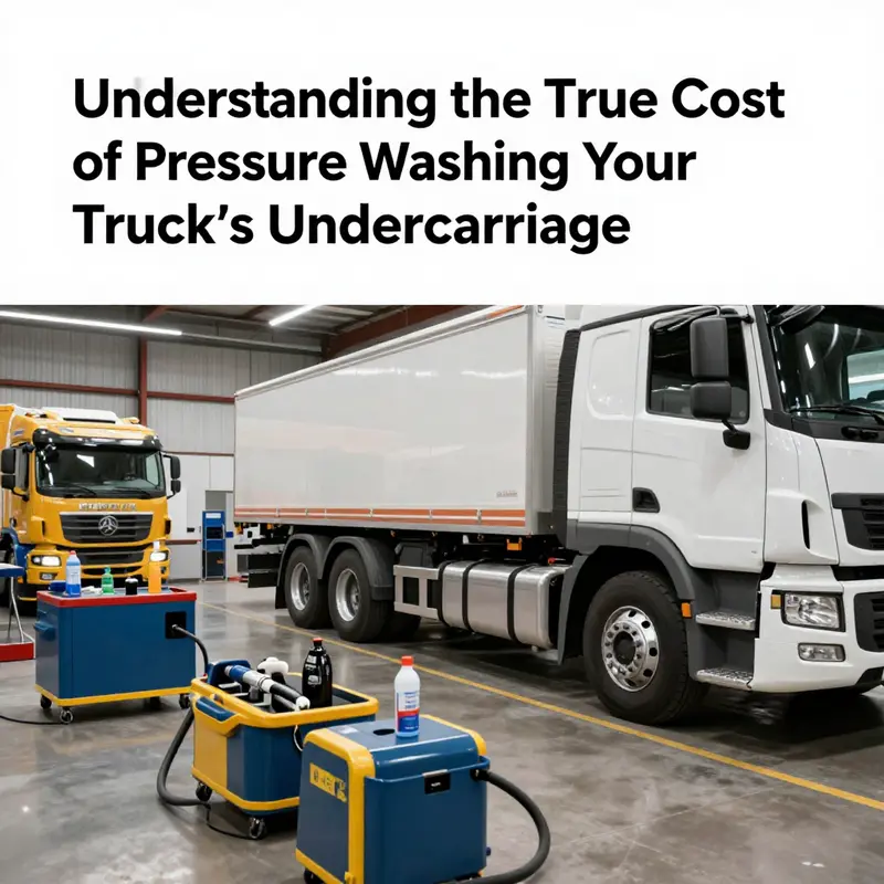Illustration of a truck undercarriage undergoing high-pressure cleaning, highlighting cost factors involved.