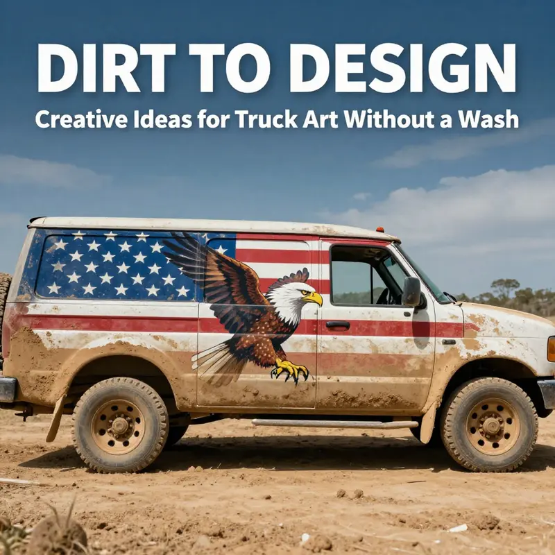 A truck transformed into a work of art using the accumulated dirt as a medium.