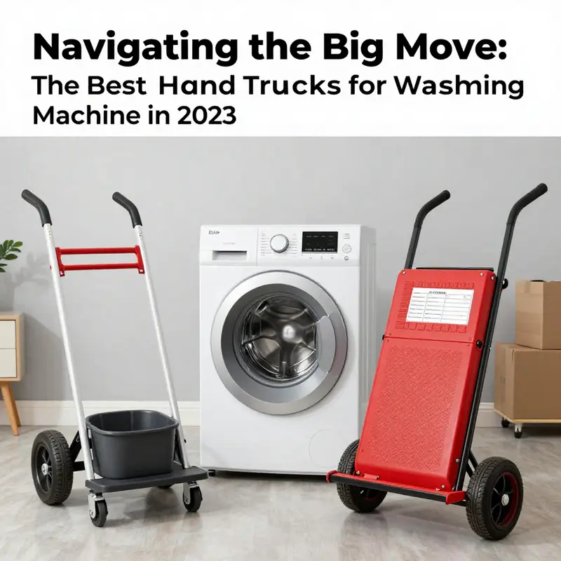 Illustration of a heavy-duty hand truck featuring locking wheels and a reinforced platform for transporting a washing machine safely.