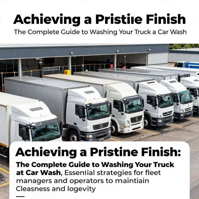 Multiple trucks lined up before a car wash, with employees washing and inspecting them.