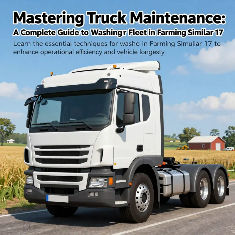 A clean truck parked on a farm in Farming Simulator 17, representing vehicle maintenance practices.