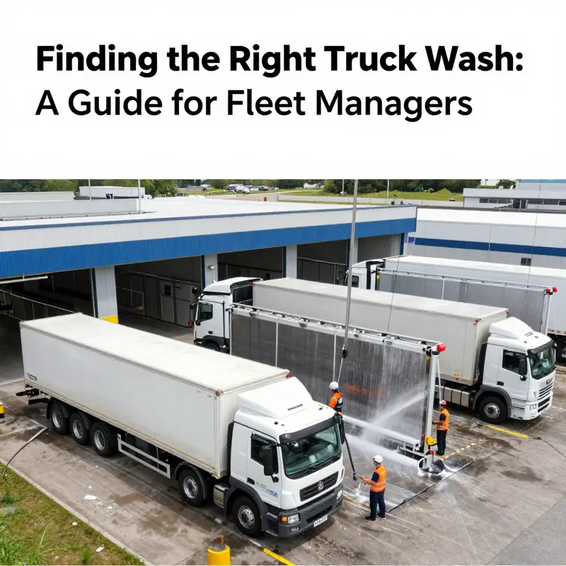 A busy truck wash facility with various trucks in the wash, people working around, and advanced washing equipment clearly visible.