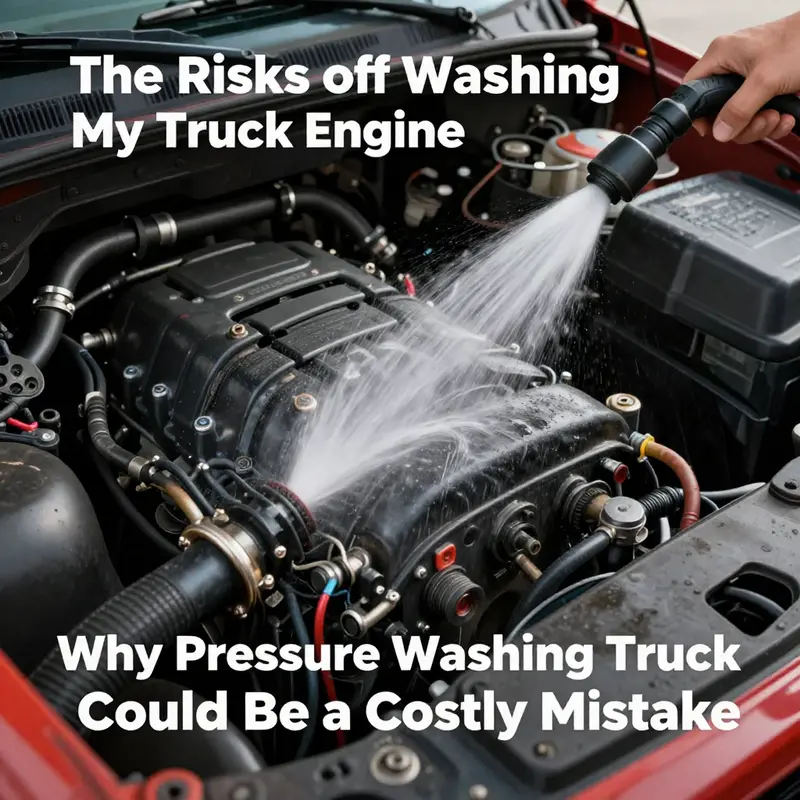 High-pressure water being used on a truck engine, highlighting potential damage to sensitive components.