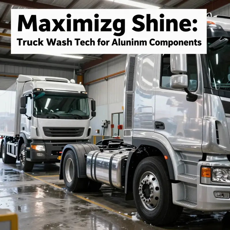 A view of a truck wash facility actively cleaning multiple trucks, highlighting the shine on aluminum parts.