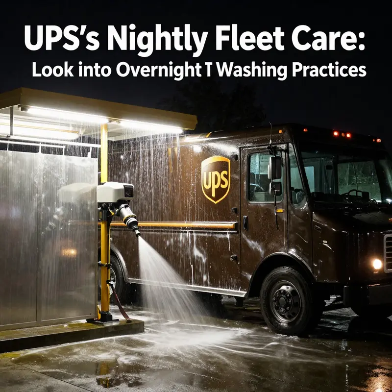 A UPS truck undergoes washing at night, highlighting the automated system in action for routine maintenance.