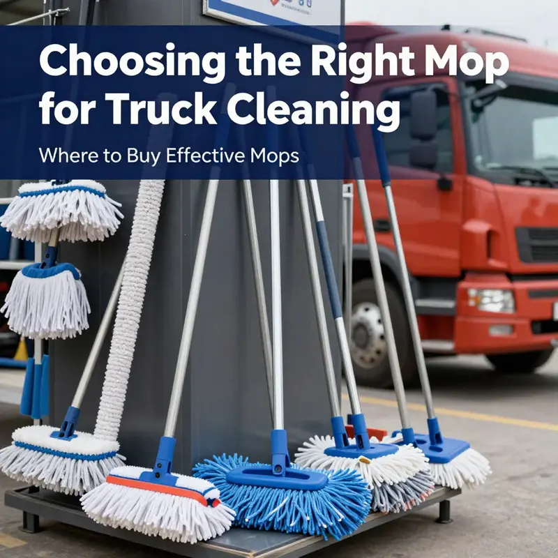 Different types of extendable mops ideal for washing trucks.