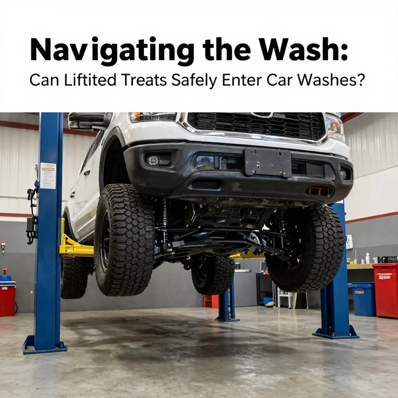 A lifted truck faces clearance challenges at the entrance of an automated car wash.