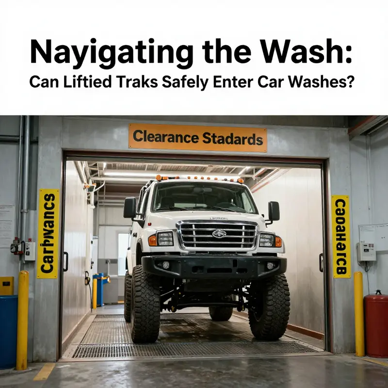 A lifted truck faces clearance challenges at the entrance of an automated car wash.