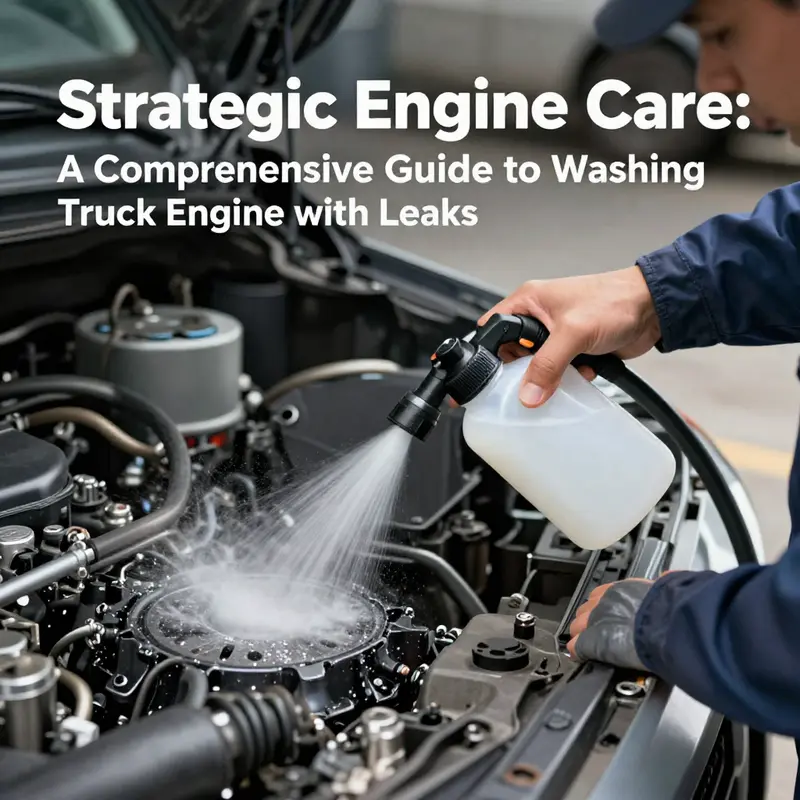 Technician measures safety protocols while inspecting a truck engine leak.