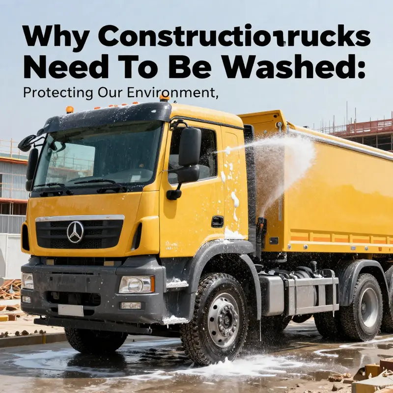 A construction truck being cleaned with water and soap to remove dirt before leaving the site.
