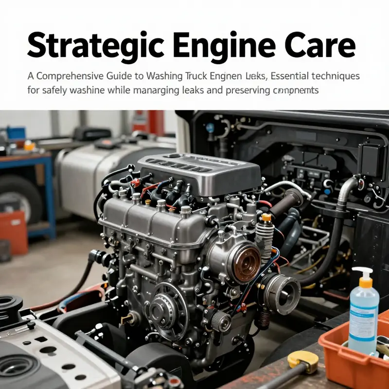 Clean truck engine displayed in a workshop, surrounded by cleaning tools and materials.