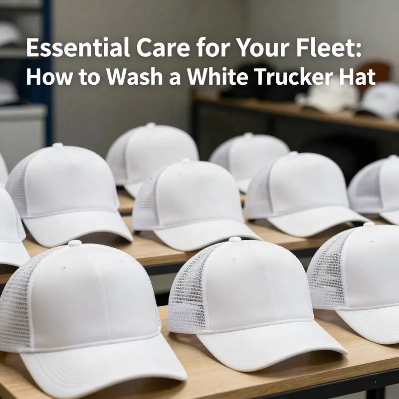 An assortment of clean white trucker hats representing proper maintenance and a professional appearance.