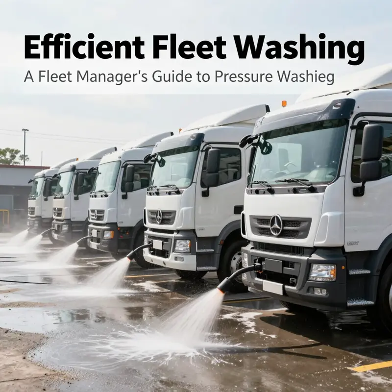 A clean fleet of trucks lined up to showcase the results of pressure washing.
