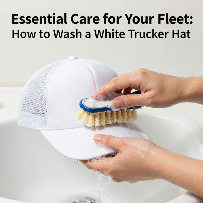Preparing for washing a white trucker hat with essential materials.