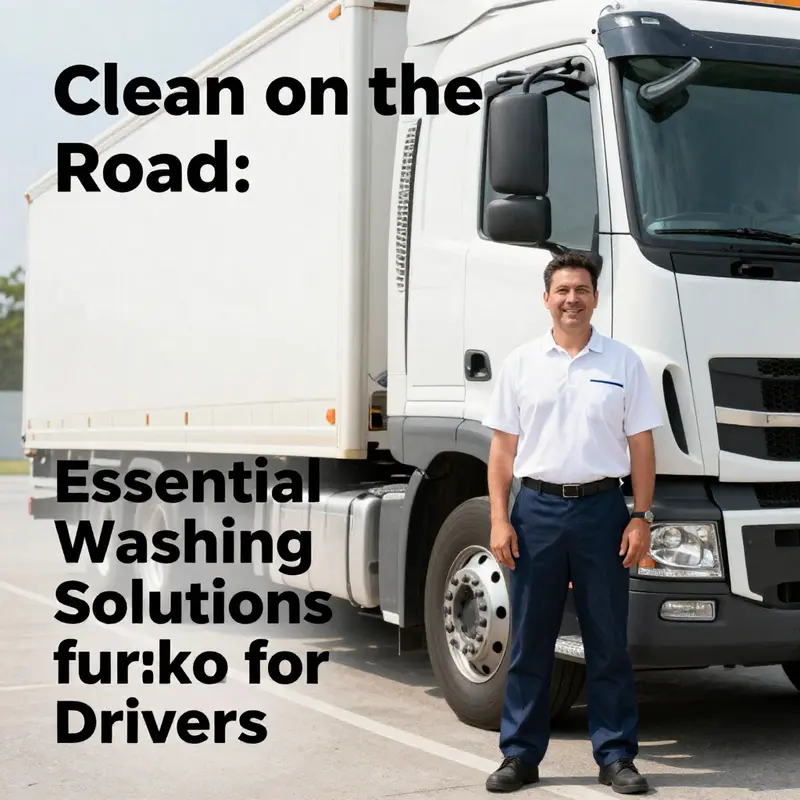 A truck driver efficiently using laundry machines at a truck stop, demonstrating the convenience of roadside washing facilities.
