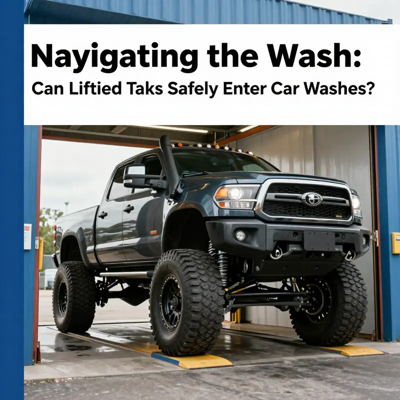 A lifted truck faces clearance challenges at the entrance of an automated car wash.