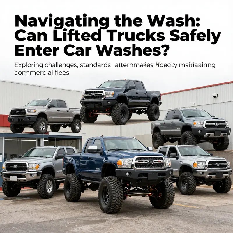 A visually rich display of different lifted trucks in front of a car wash, emphasizing their sizes and styles.