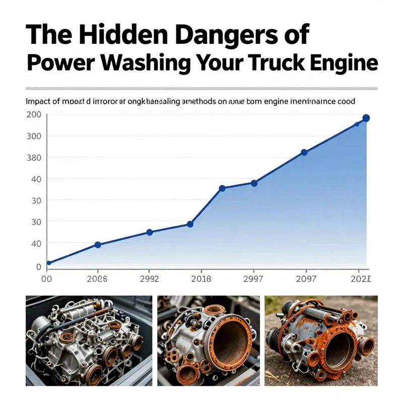 Dangers of power washing truck engines: highlighting vulnerable components.