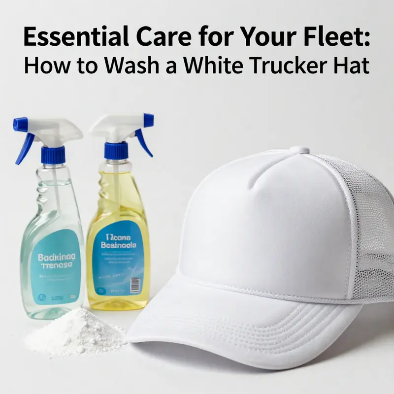 Preparing for washing a white trucker hat with essential materials.