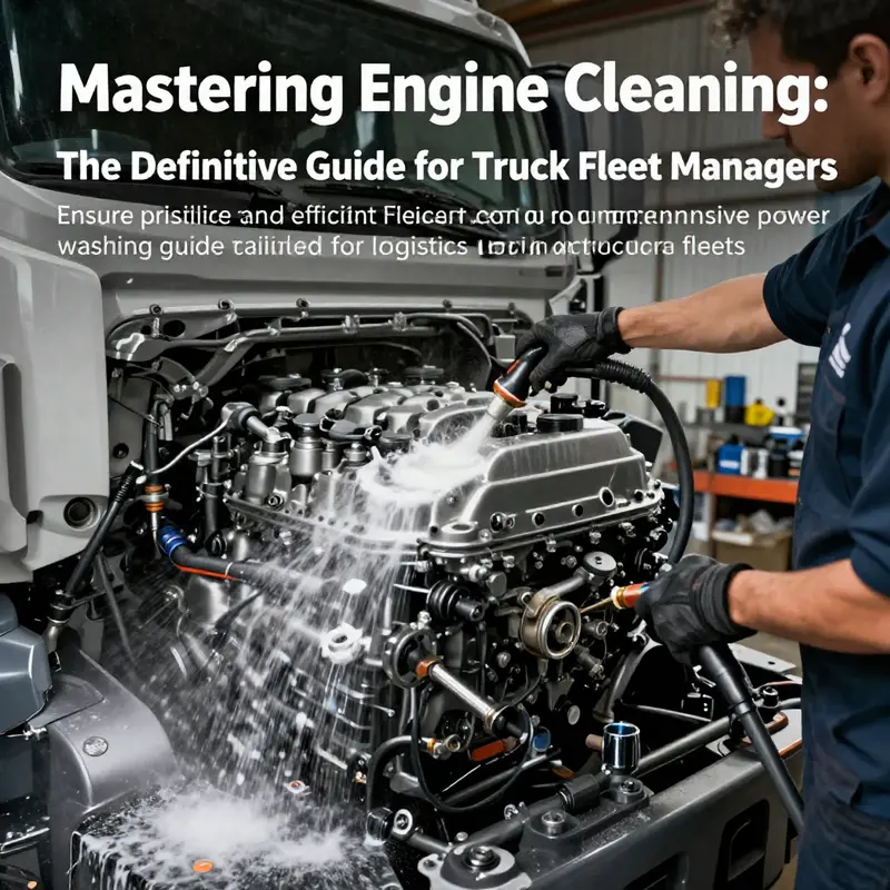 A well-maintained workshop displaying the power washing process of a truck engine, highlighting the importance of cleanliness in vehicle maintenance.