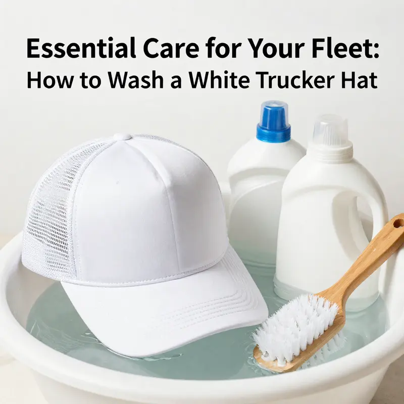 Preparing for washing a white trucker hat with essential materials.