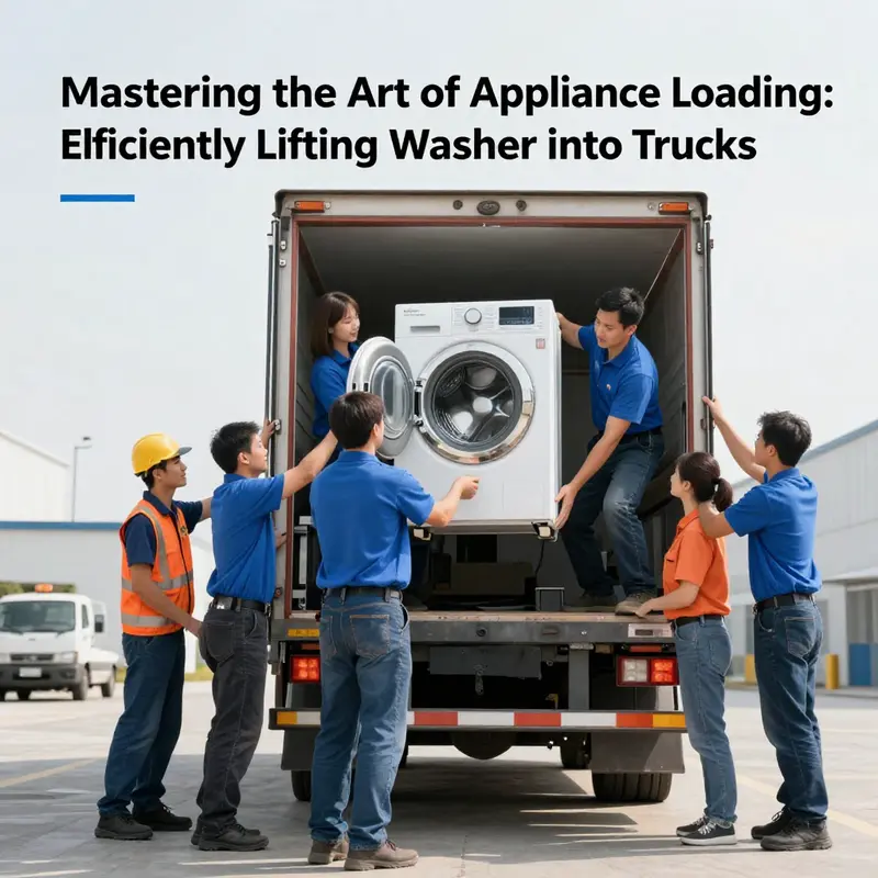 Professionals demonstrate proper lifting techniques while loading a washer onto a truck.