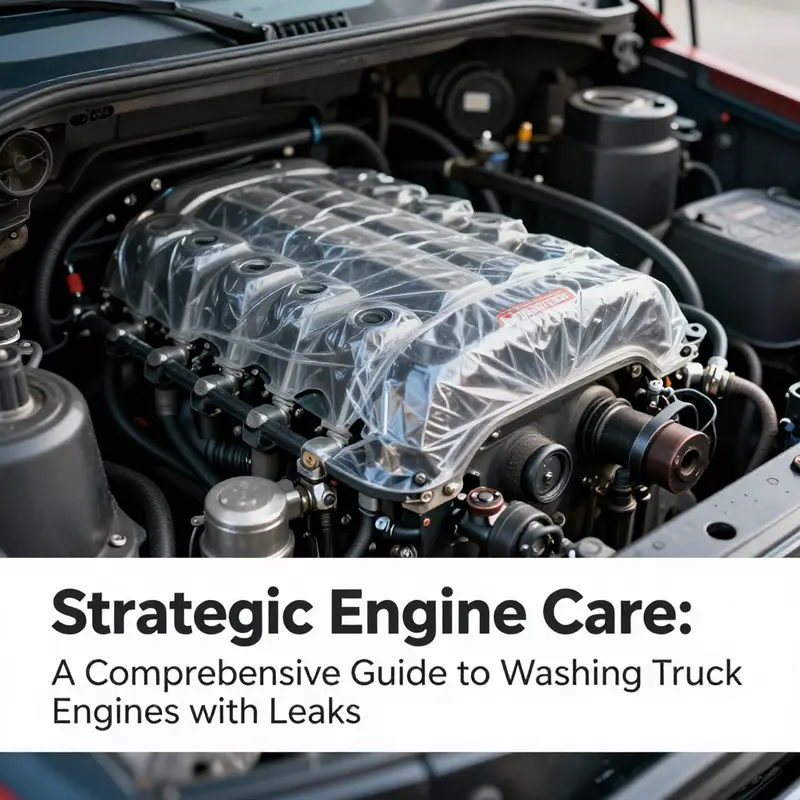 Technician measures safety protocols while inspecting a truck engine leak.