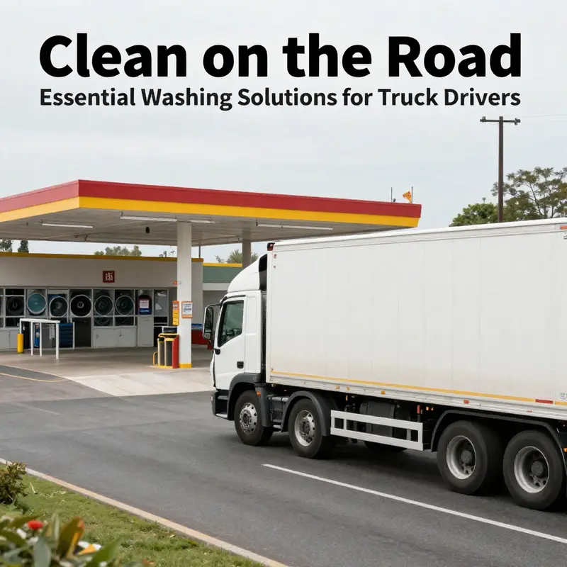 A truck on the highway approaching a truck stop, displaying nearby laundry services.