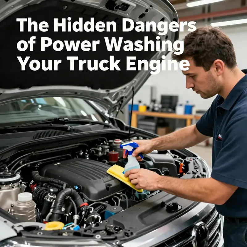 Dangers of power washing truck engines: highlighting vulnerable components.
