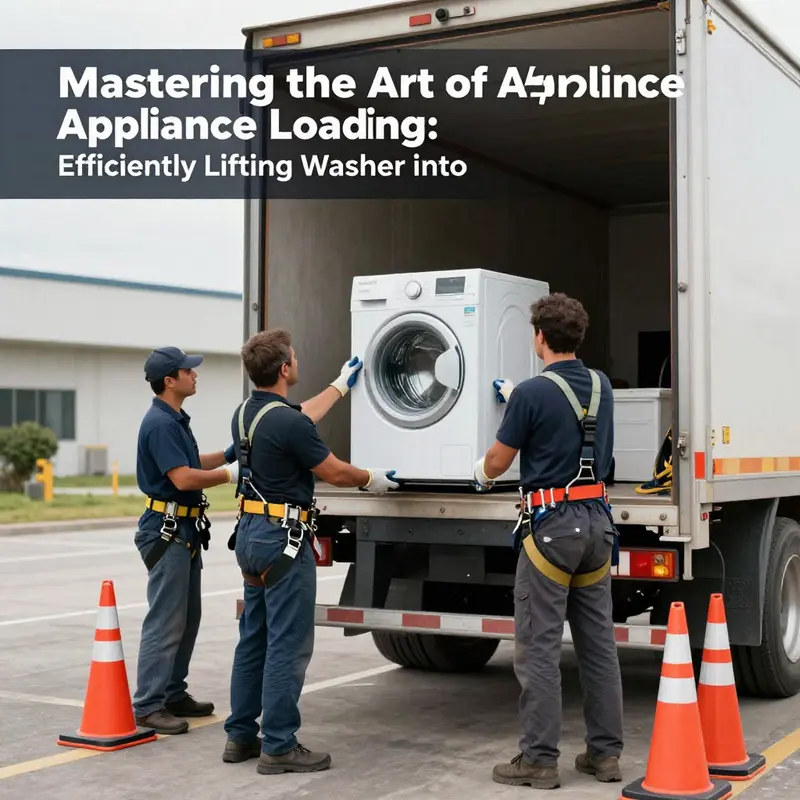 Professionals demonstrate proper lifting techniques while loading a washer onto a truck.