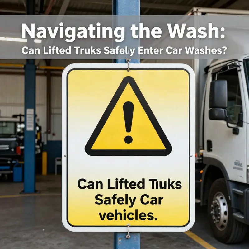 A lifted truck faces clearance challenges at the entrance of an automated car wash.