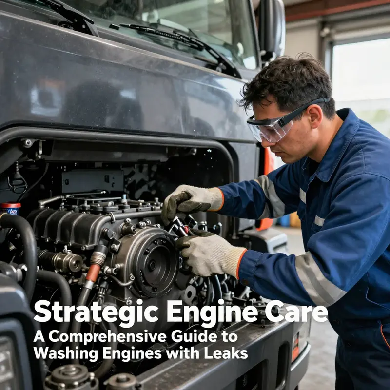 Technician measures safety protocols while inspecting a truck engine leak.