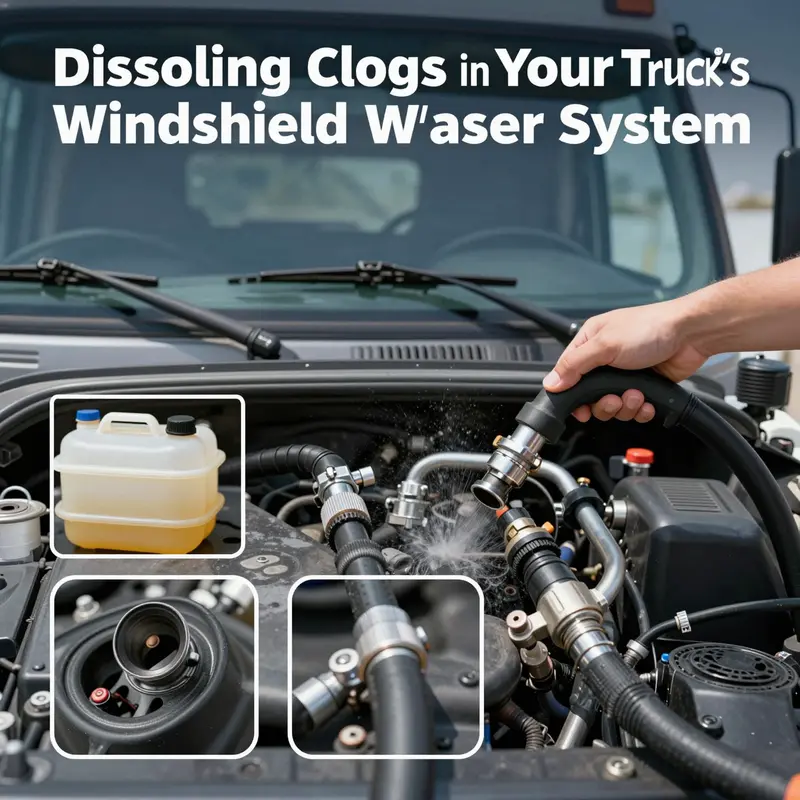 Step-by-step process of unclogging a truck’s windshield washer system.