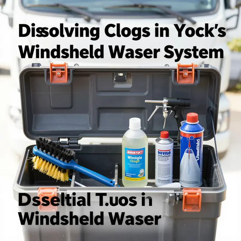 Step-by-step process of unclogging a truck’s windshield washer system.