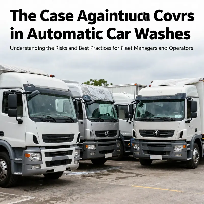 A fleet of trucks parked with one being manually washed and another with a damaged cover, highlighting maintenance best practices.