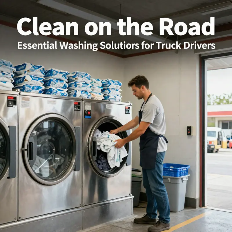 A truck driver efficiently using laundry machines at a truck stop, demonstrating the convenience of roadside washing facilities.