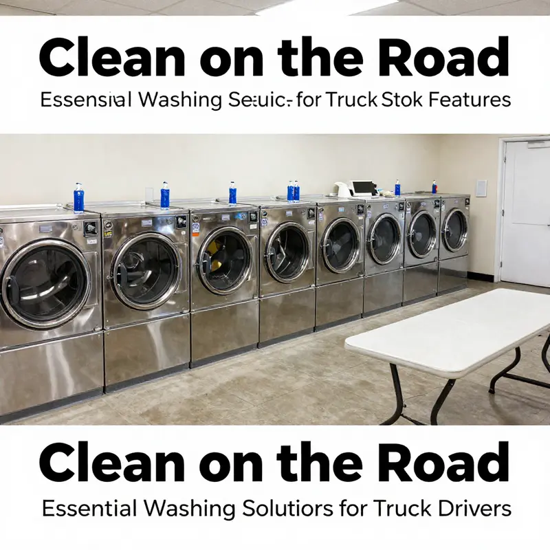 A truck driver efficiently using laundry machines at a truck stop, demonstrating the convenience of roadside washing facilities.