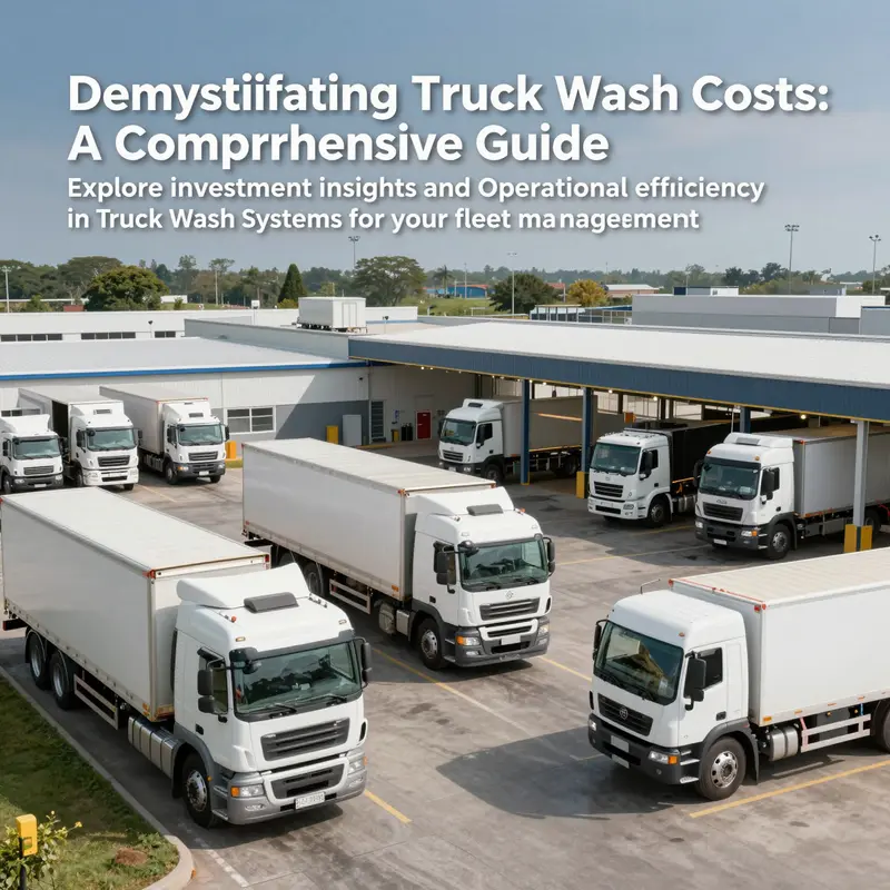 A wide view of a truck wash facility featuring various trucks undergoing washing through different systems.