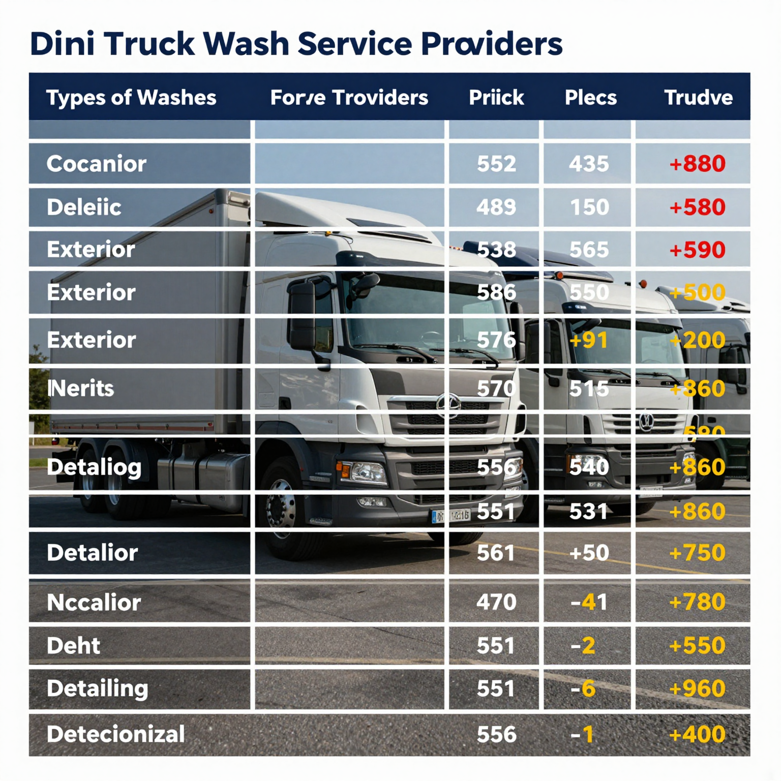 Comparison table of semi truck wash service providers