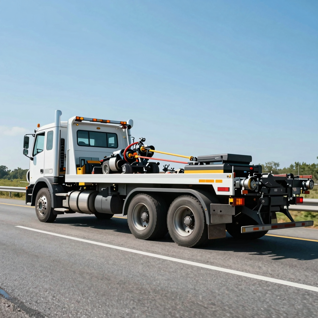 A towing truck in action showing a truck being towed