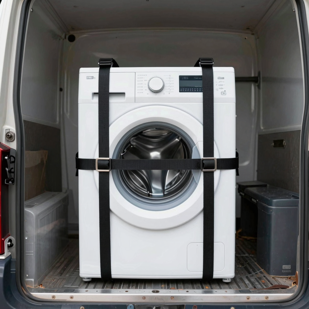 Washer secured in truck for transport