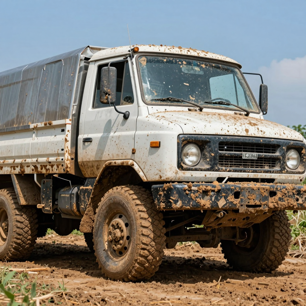 A muddy truck covered in dirt and mud