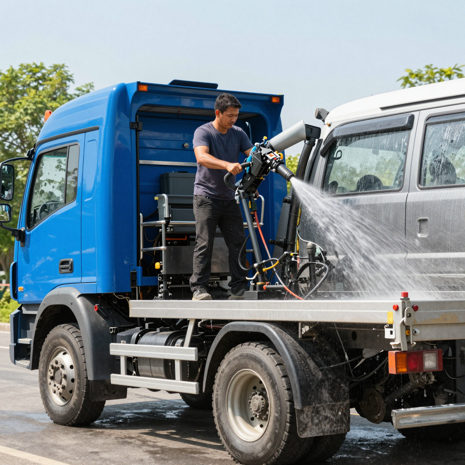 Washing truck man operating a large cleaning machine