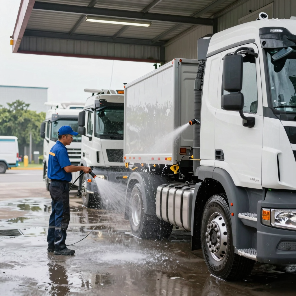 A professional and vivid image of trucks being washed