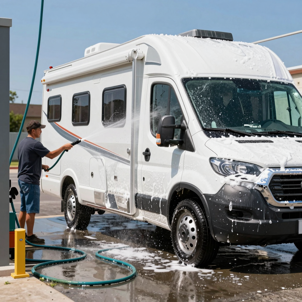 An RV being washed at a truck wash