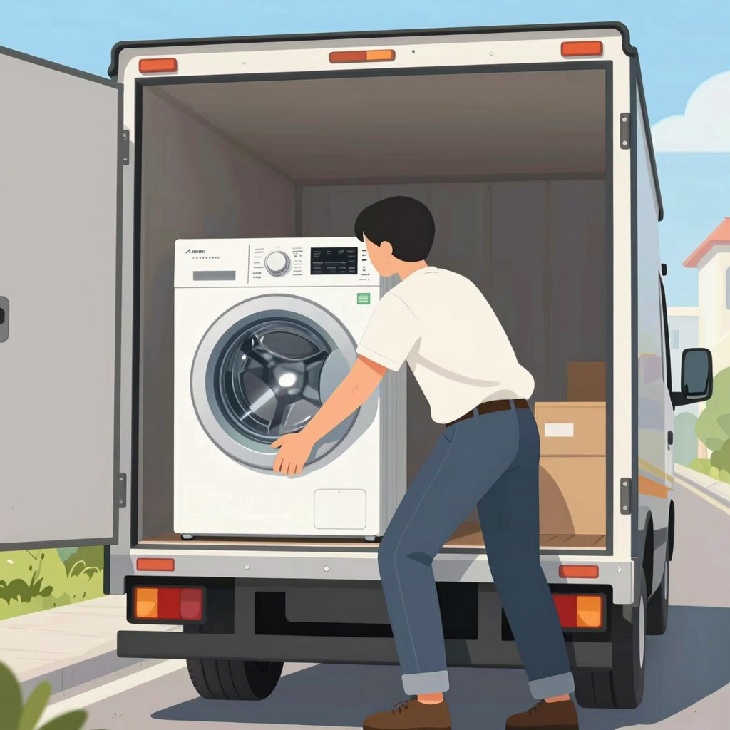 Illustration of a person loading a washing machine into a truck, showing correct posture and body position for safety.