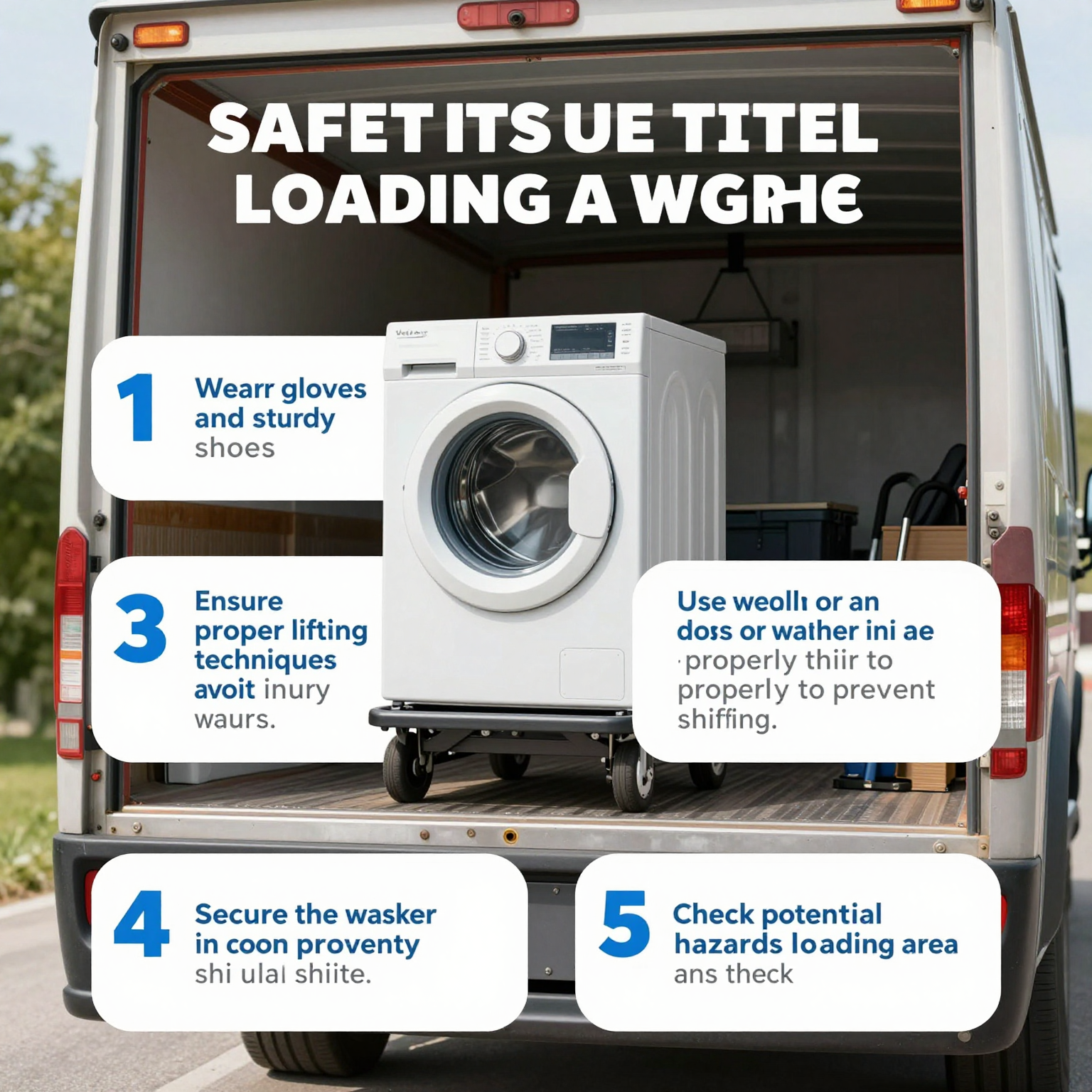 Infographic summarizing safety tips for loading a washer into a truck.